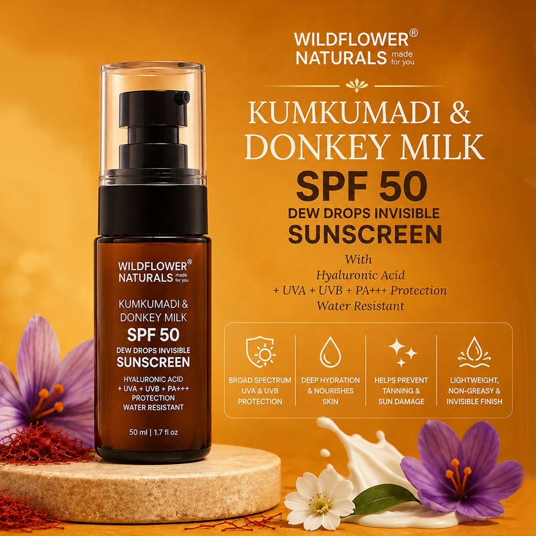 Kumkumadi & Donkey Milk SPF 50 Dew Drops Invisible Sunscreen with Hyaluronic acid + UVA + UVB + PA+++ Protection + Water Resistant