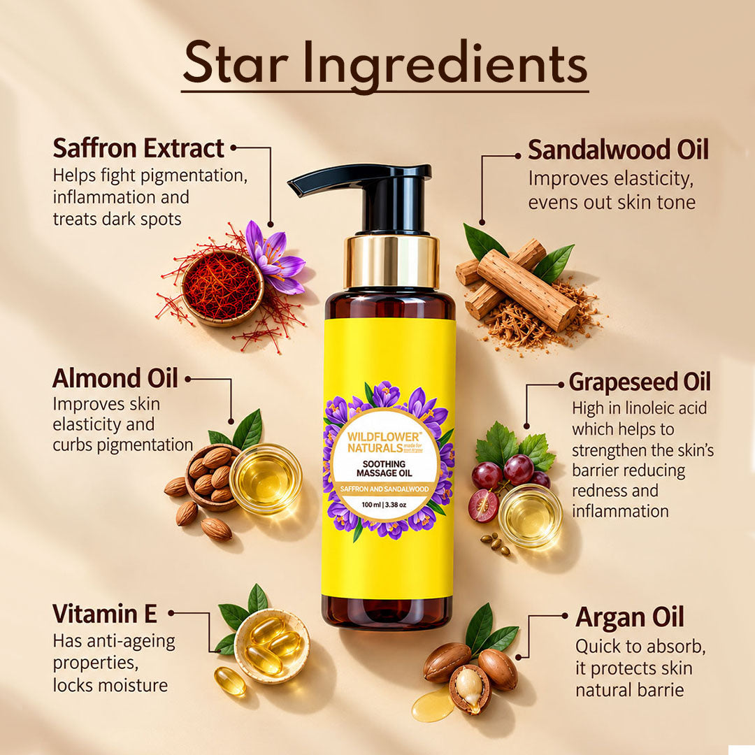 Soothing Massage Oil with Saffron and Sandalwood - Wildflower Naturals