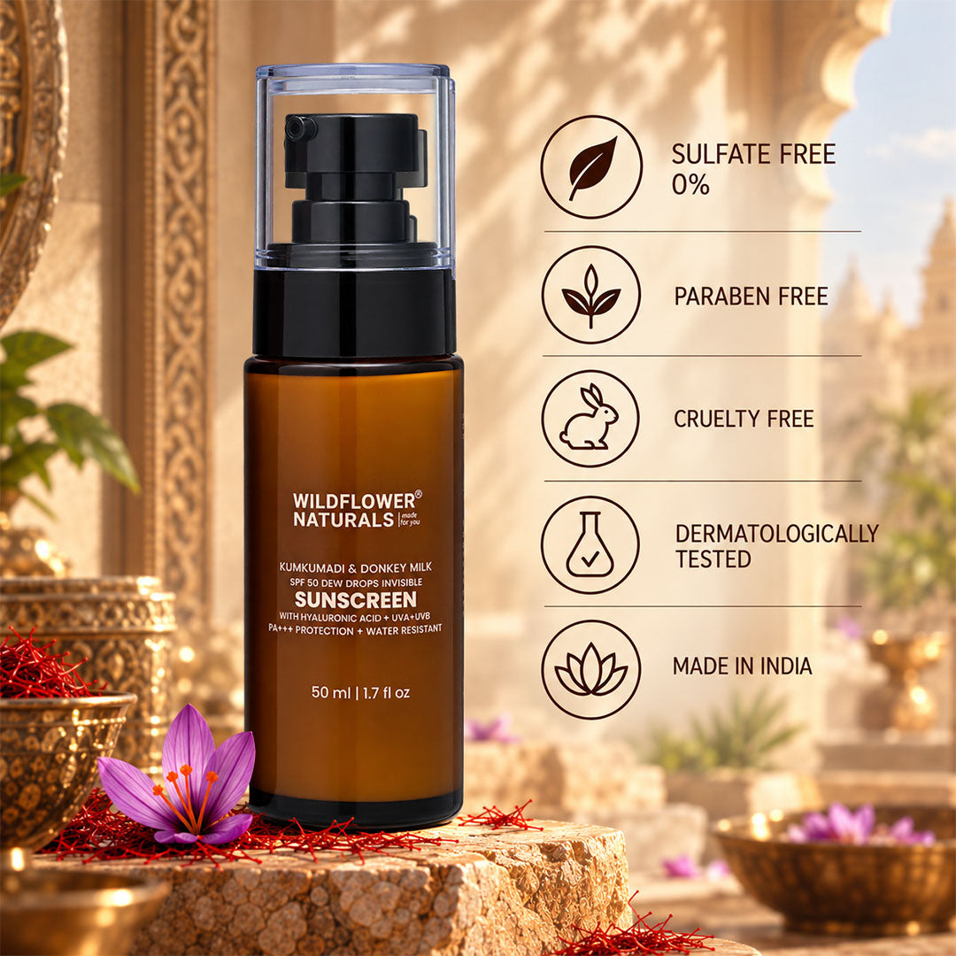 Kumkumadi & Donkey Milk SPF 50 Dew Drops Invisible Sunscreen with Hyaluronic acid + UVA + UVB + PA+++ Protection + Water Resistant