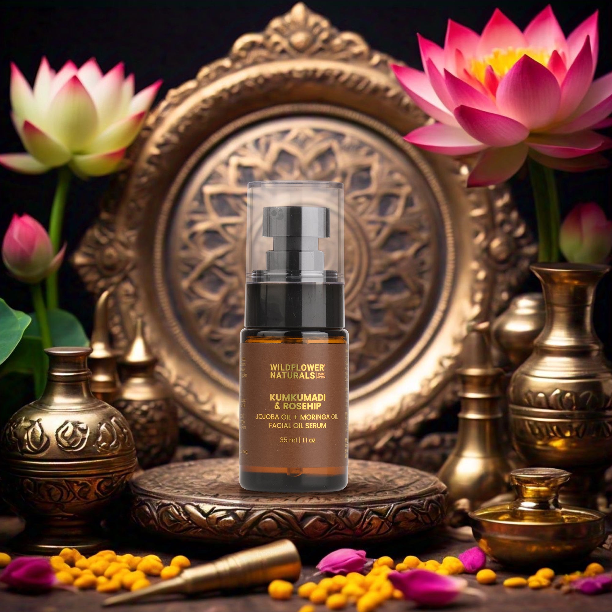 Kumkumadi & Rosehip Facial Oil Serum with Jojoba oil + Moringa oil - Wildflower Naturals