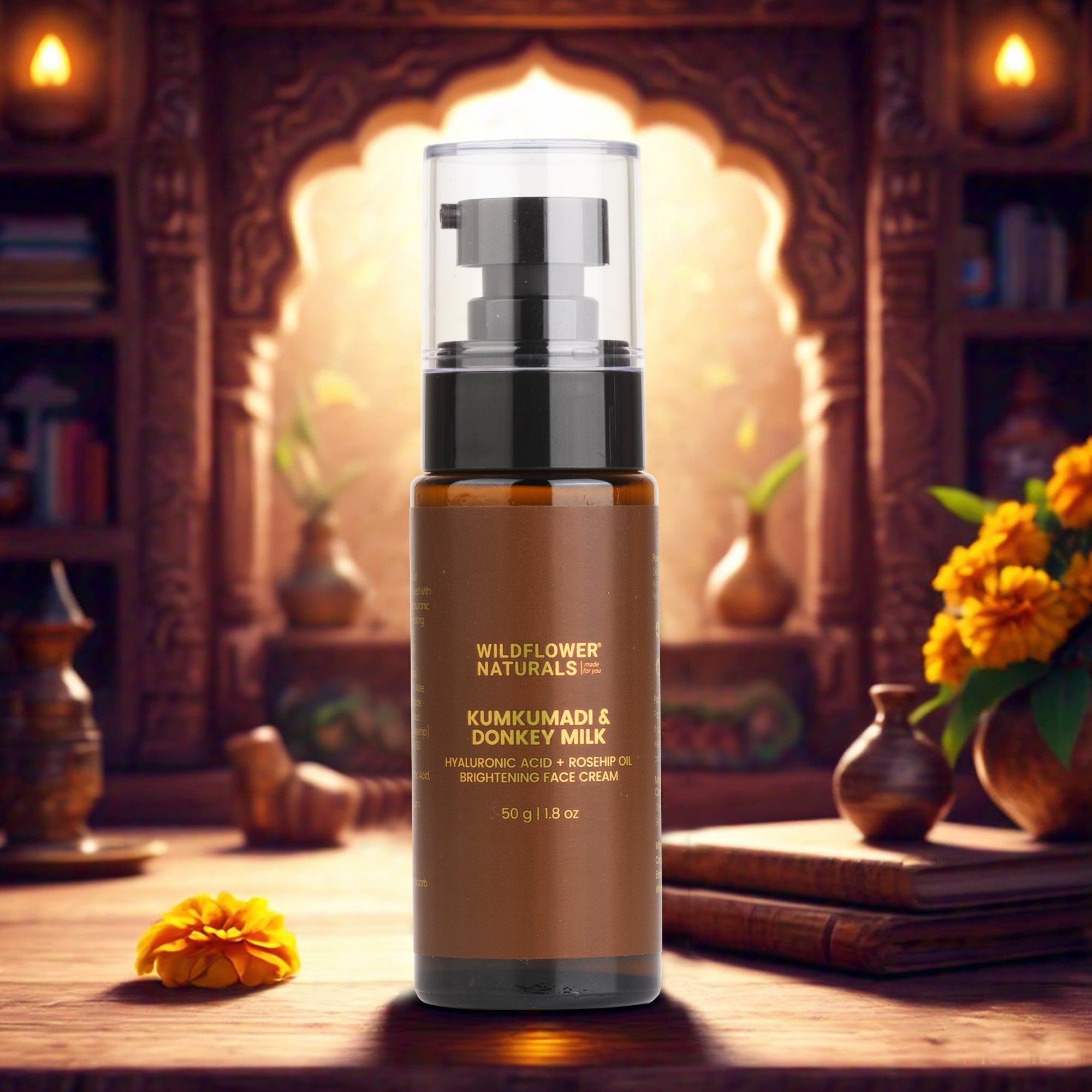 Kumkumadi & Donkey Milk Brightening Face Cream with Hyaluronic acid + Rosehip oil - Wildflower Naturals