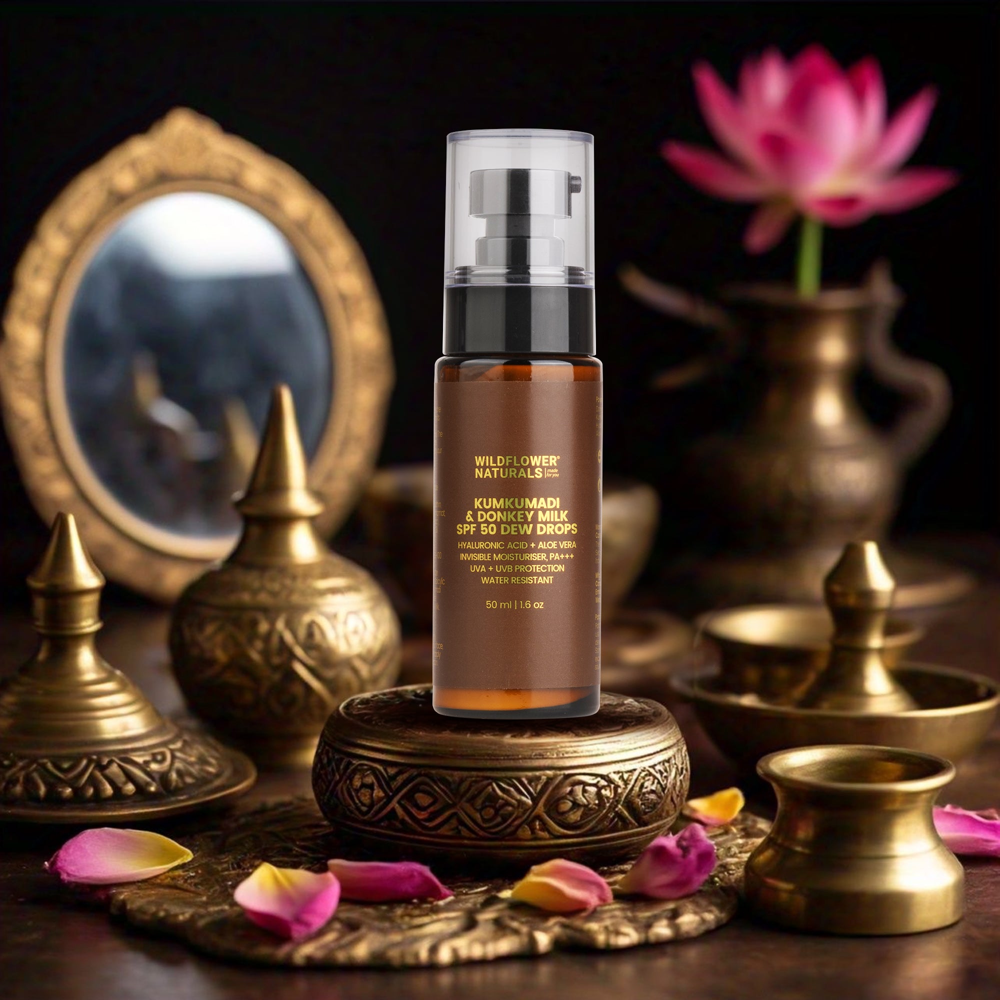 Kumkumadi & Donkey Milk SPF 50 Dew Drops Invisible Moisturiser with Hyalironic acid + PA+++, UVA + UVB Protection + Water Resistant - Wildflower Naturals