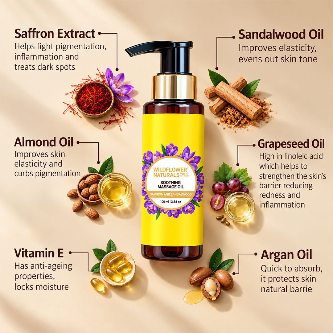 Soothing Massage Oil with Saffron and Sandalwood - Wildflower Naturals