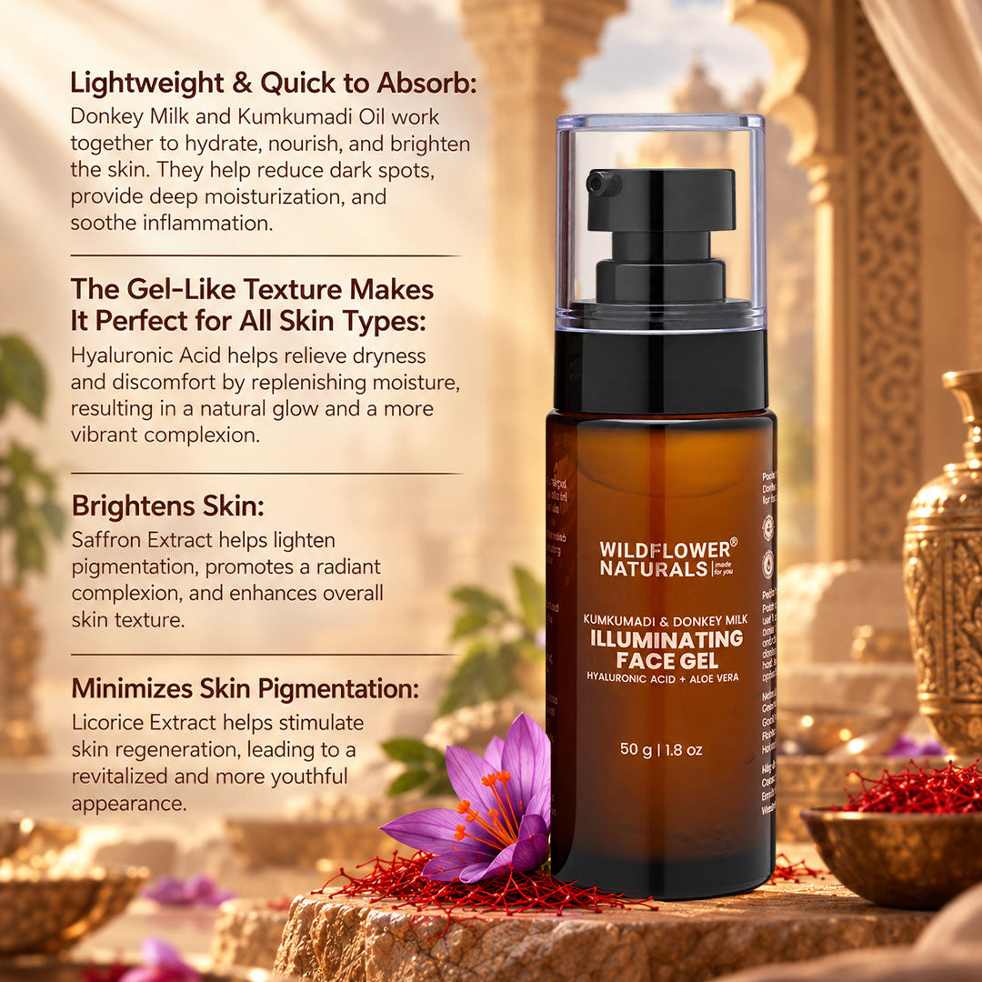 Kumkumadi & Donkey Milk Illuminating Face Gel with Hyaluronic acid + Aloe vera - Wildflower Naturals