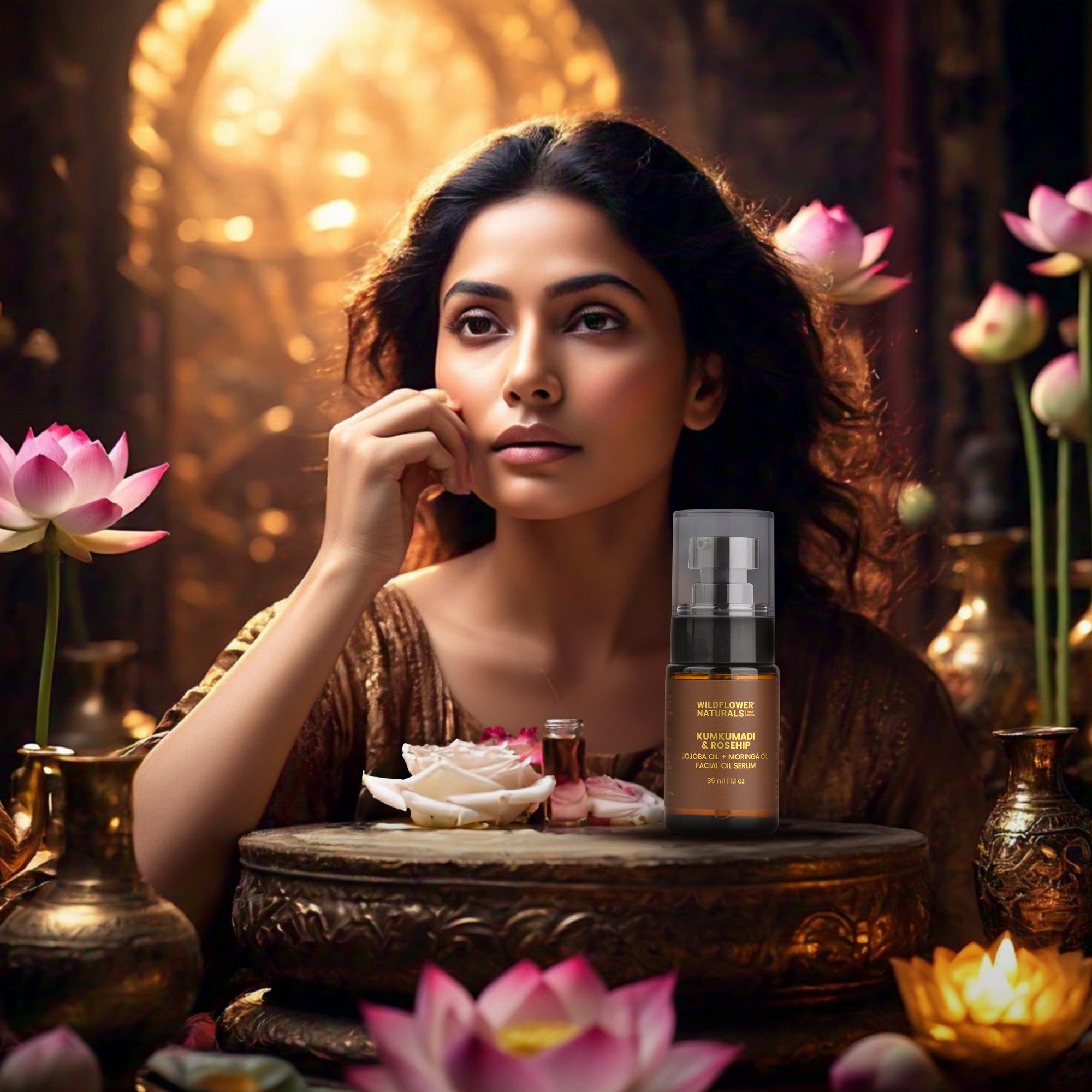 Kumkumadi & Rosehip Facial Oil Serum with Jojoba oil + Moringa oil - Wildflower Naturals