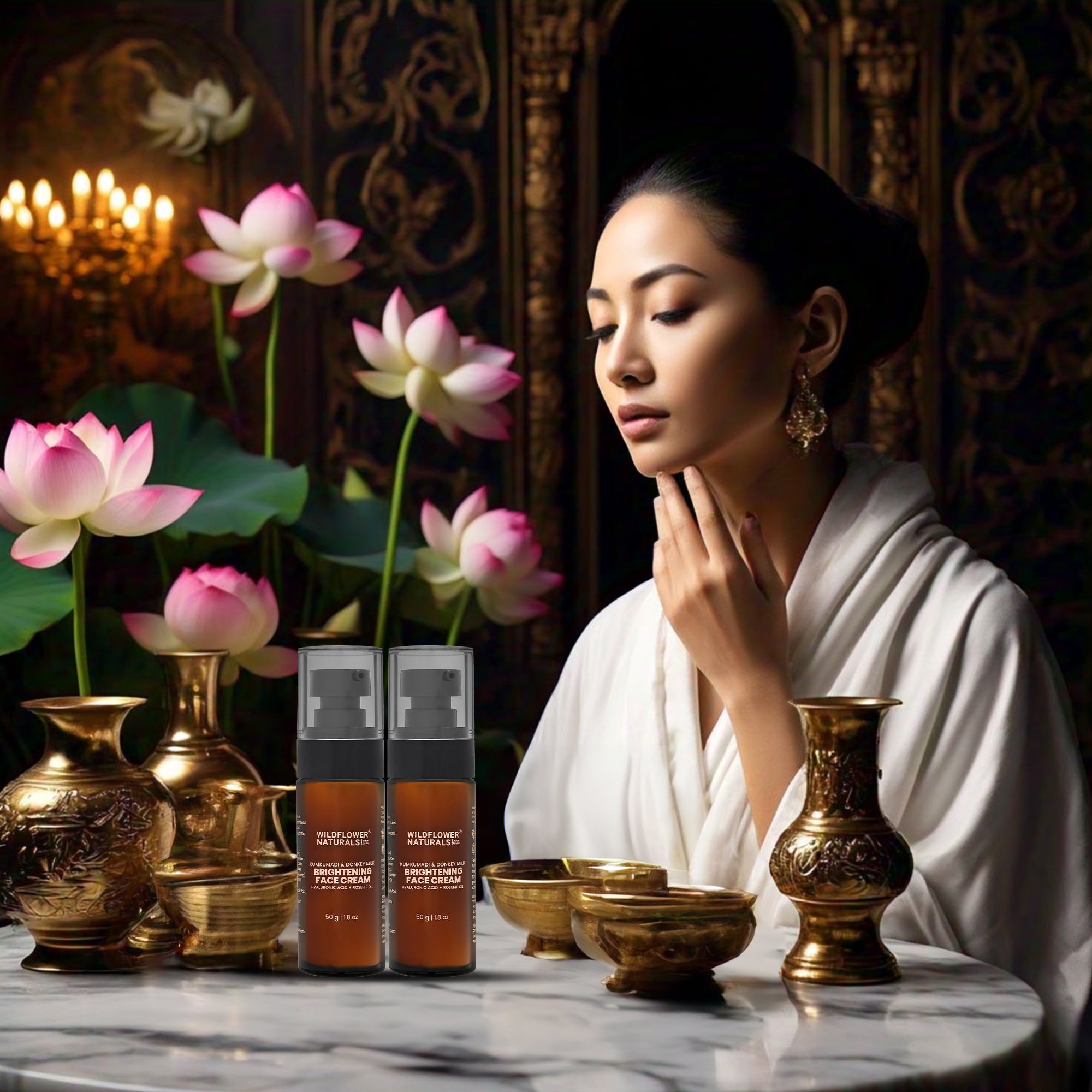 Kumkumadi & Donkey Milk Brightening Face Cream with Hyaluronic acid + Rosehip oil - Wildflower Naturals