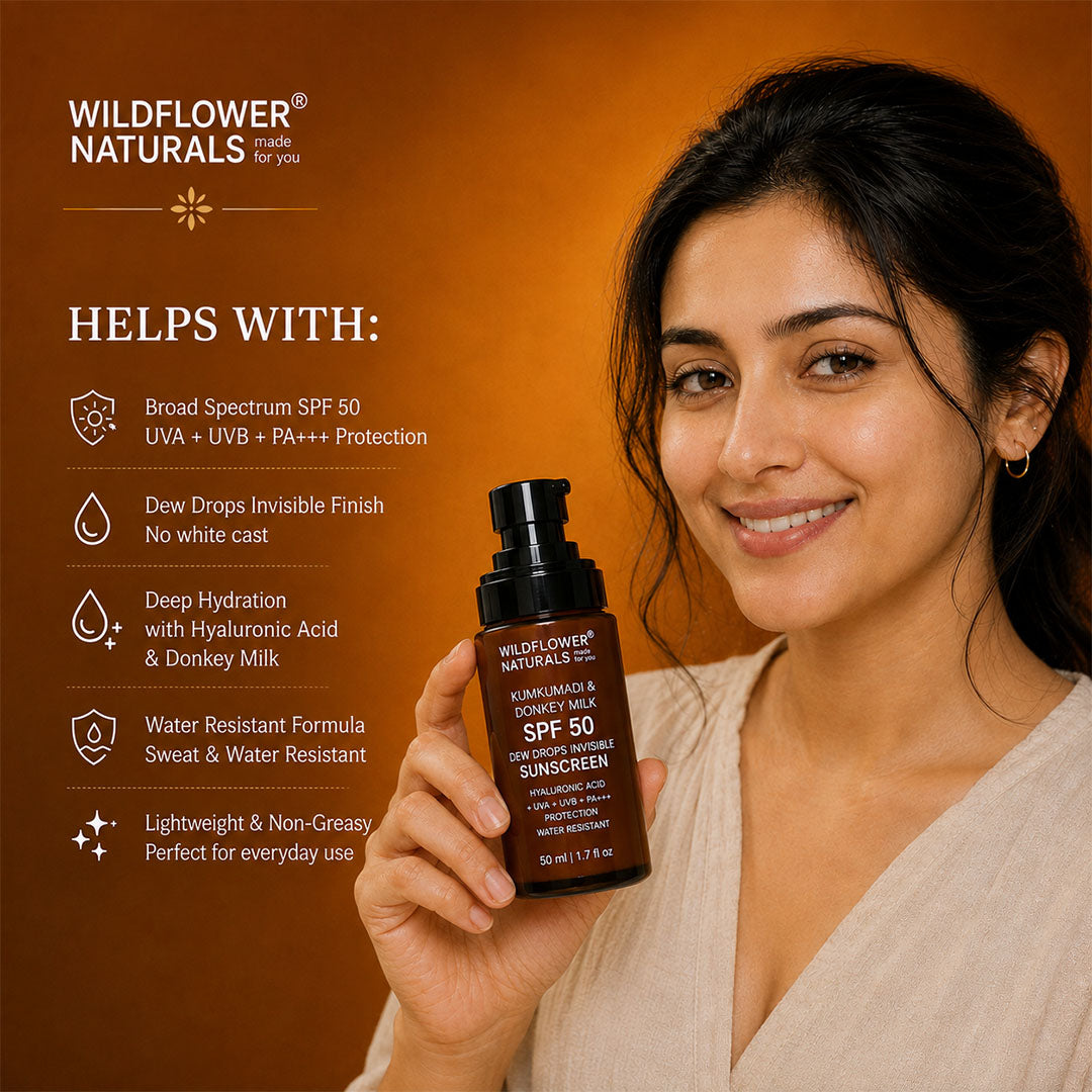 Kumkumadi & Donkey Milk SPF 50 Dew Drops Invisible Sunscreen with Hyaluronic acid + UVA + UVB +  PA+++ Protection + Water Resistant